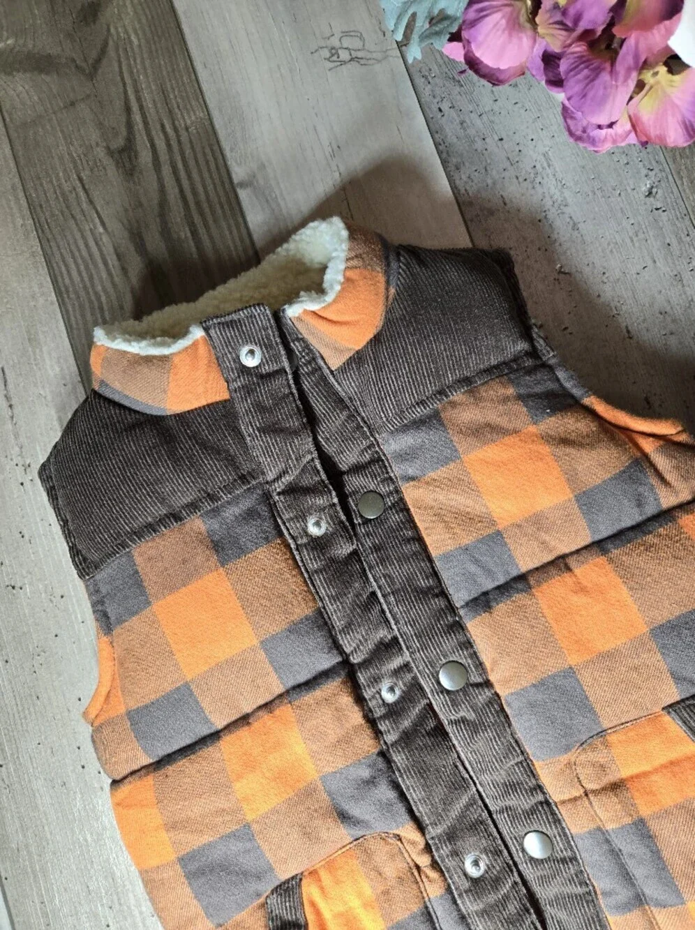 Gymboree Toddler Boy Orange and Brown Buffalo Plaid Puffer Vest Size 2T-3T NWOT